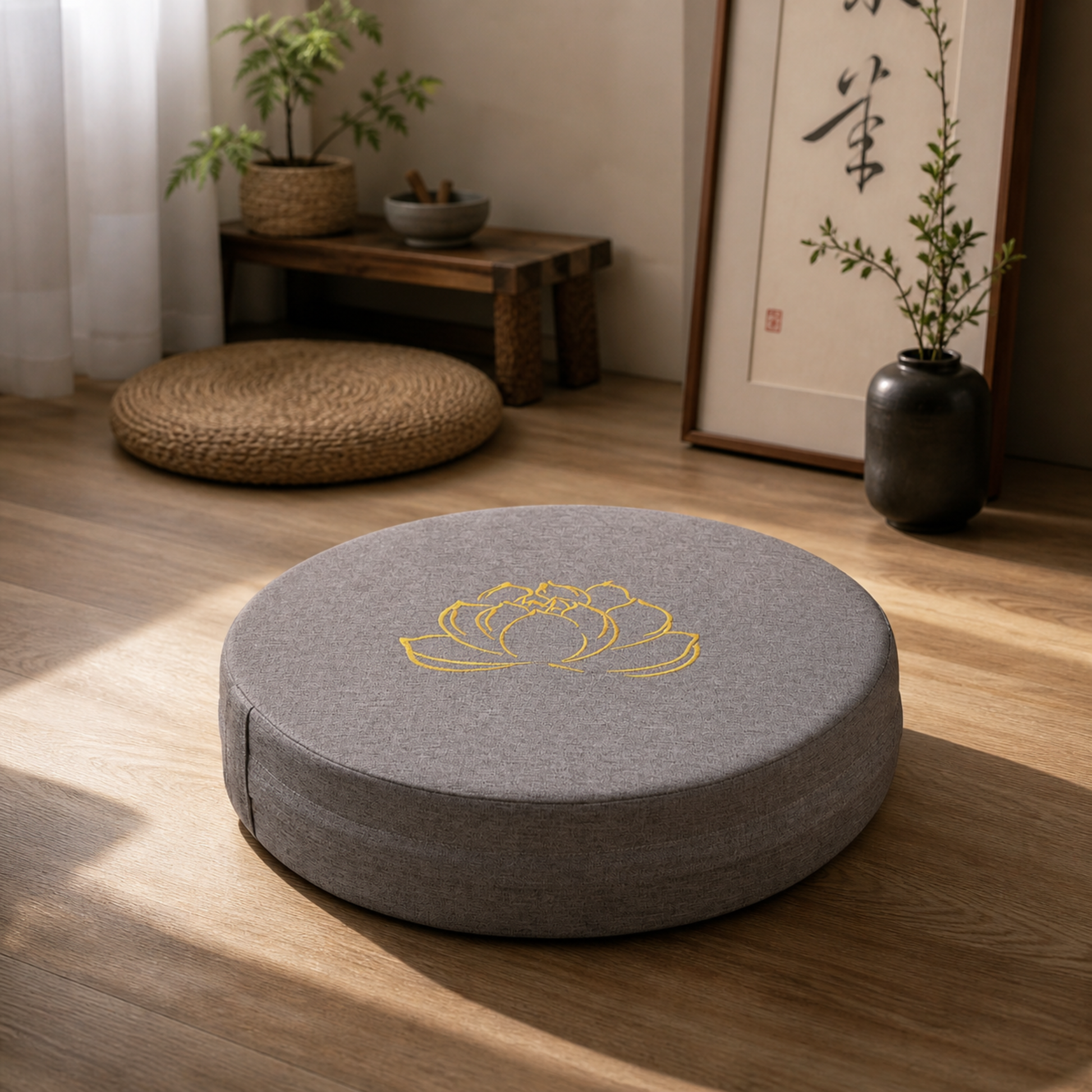 Gray meditation cushion with a lotus design on a wooden floor in a serene room.