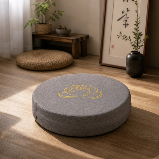Gray meditation cushion with a lotus design on a wooden floor in a serene room.