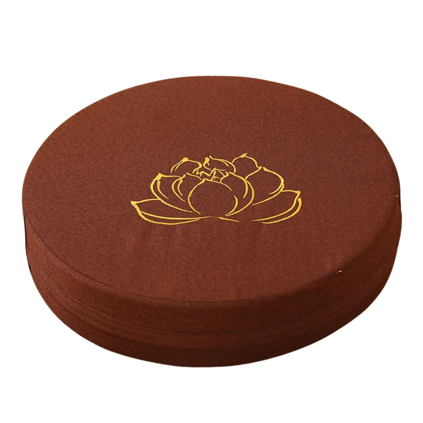 Round brown cushion with a gold lotus flower design on a white background