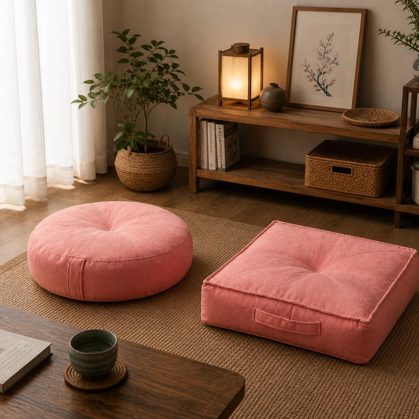Two pink cushions on a wooden floor with a small table and plant in the background.