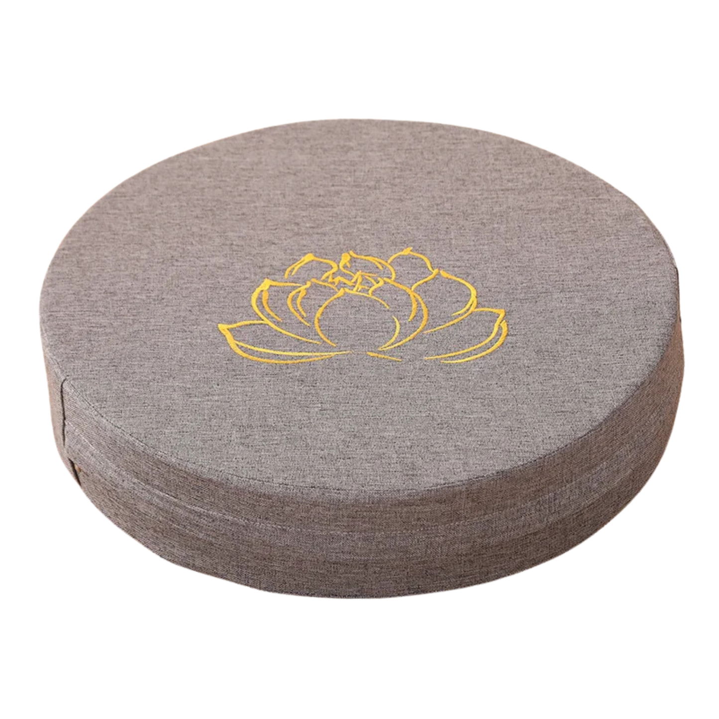 Round gray cushion with a yellow lotus design on a white background