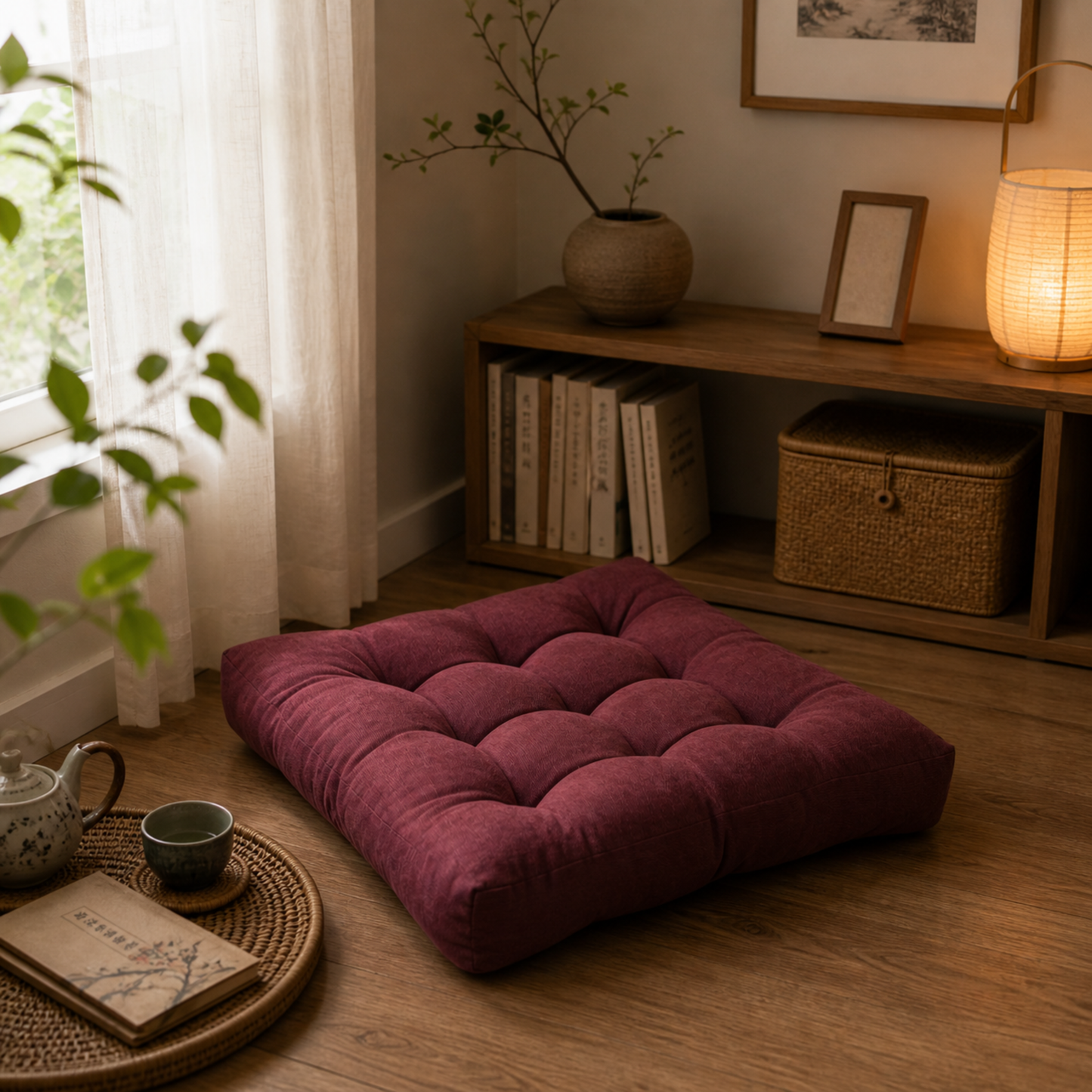 Mauve floor cushion in a room with a wooden shelf, books, and a lamp.