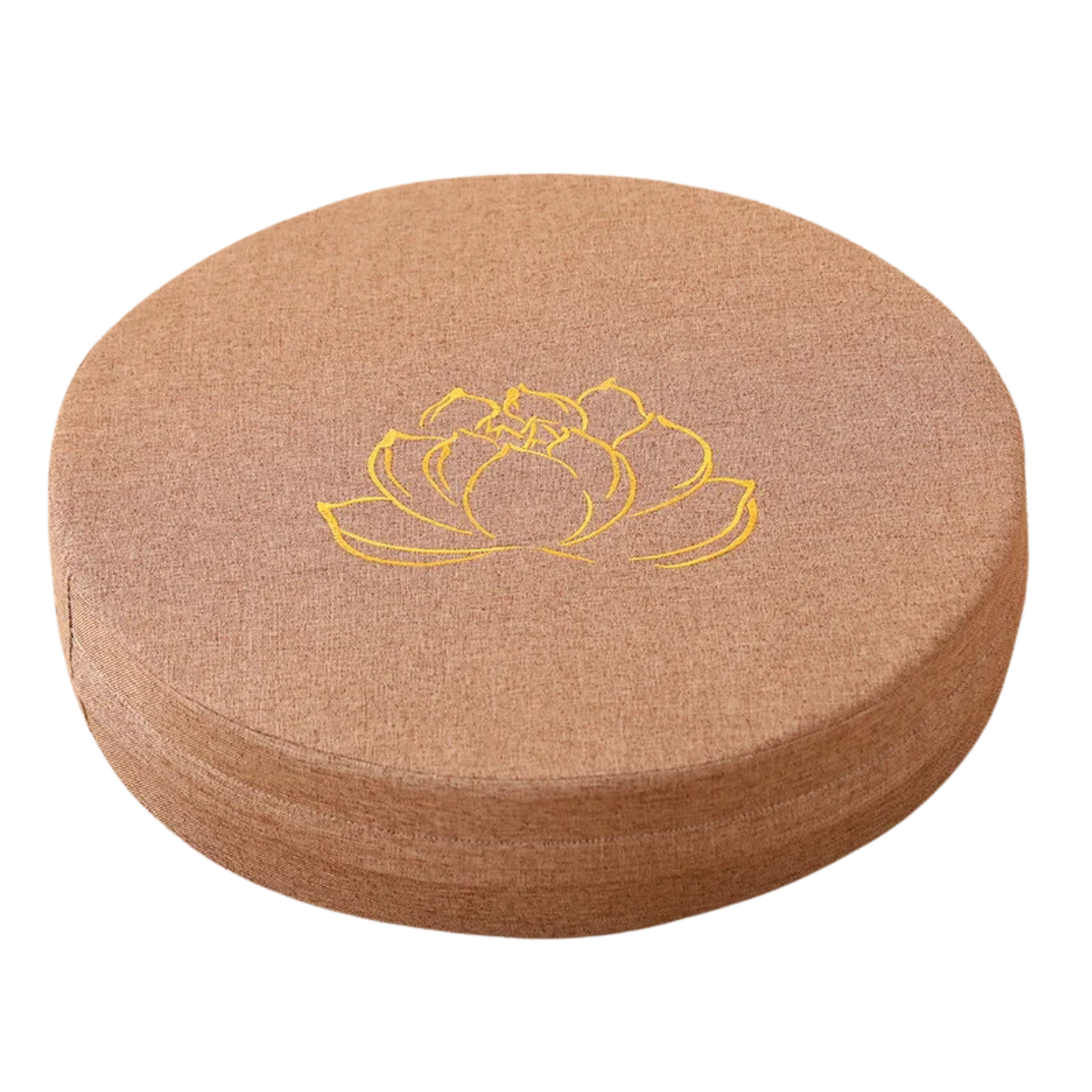 Round cushion with a yellow lotus flower design on a white background
