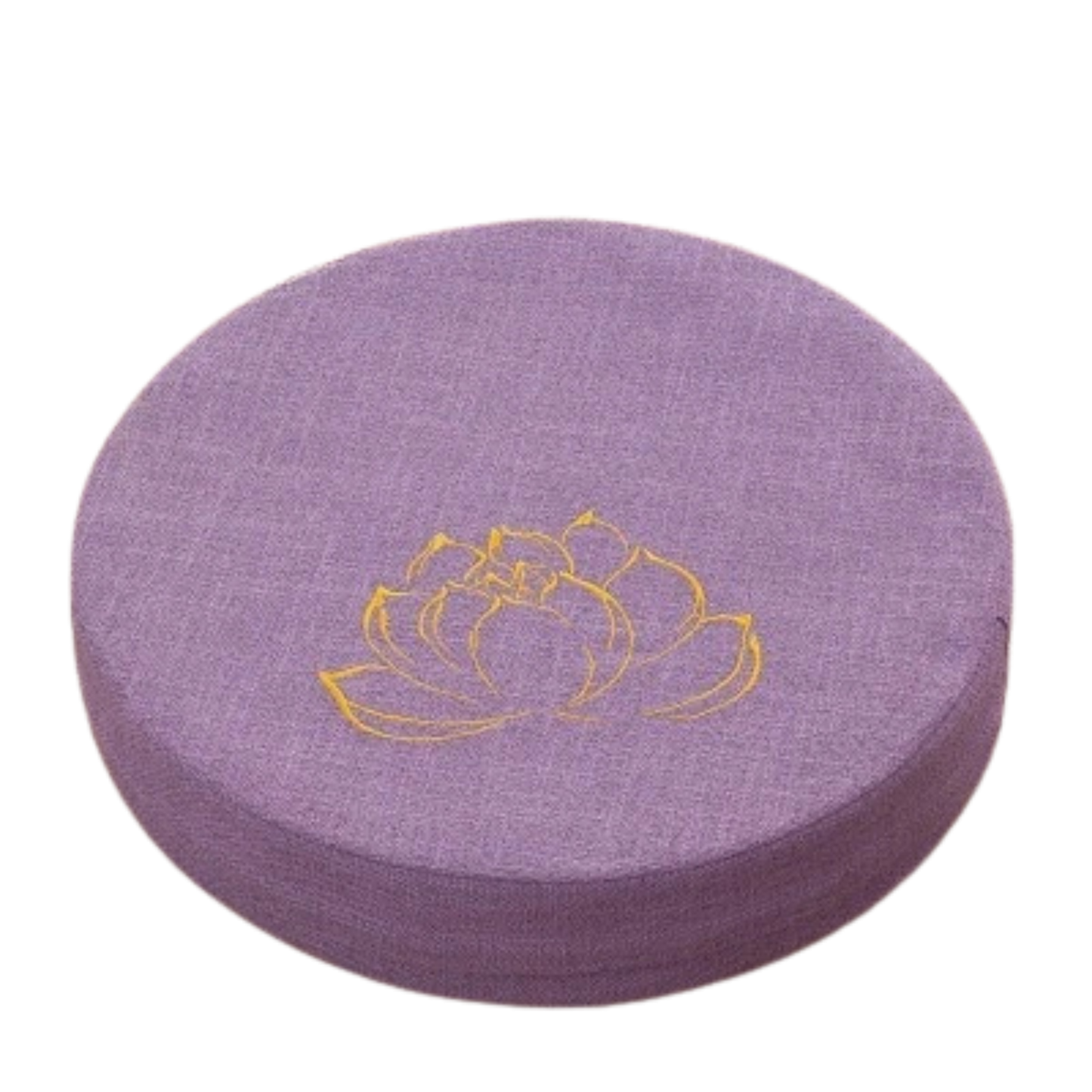 Round purple cushion with a gold lotus flower design on a white background